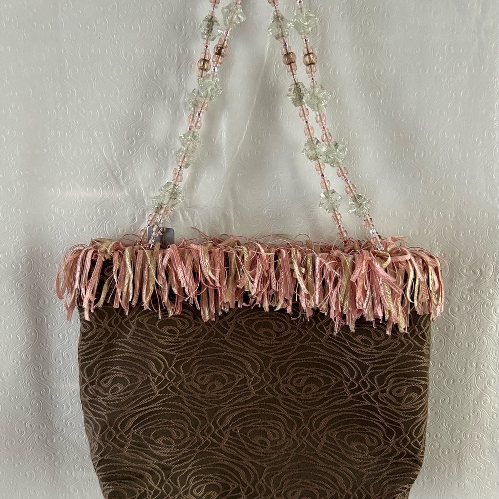 Pritz Handbag Purse Glass Beads  Removable Liner Brown with Blush Pink Fringe